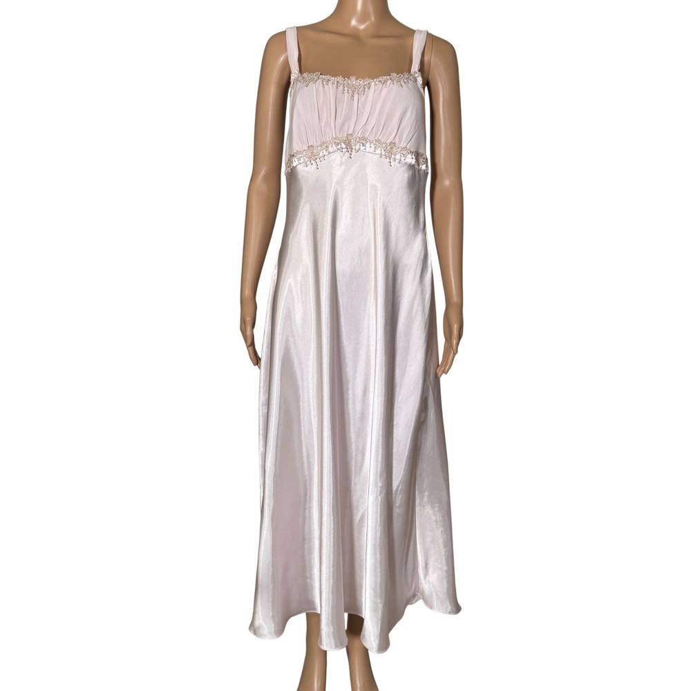 Linea Donatella Pink Satin Nightgown Beaded Floral Long Chemise CLL020 Medium